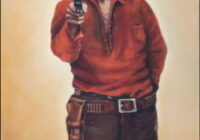 Oil painting of a masked bandit, facing forward, pointing a gun